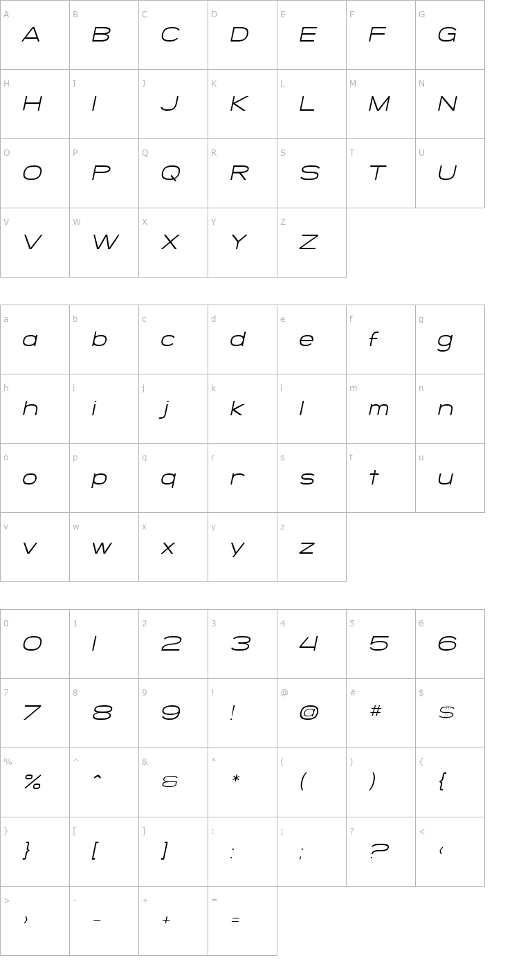 Character Map SF Grandezza Light Oblique Font
