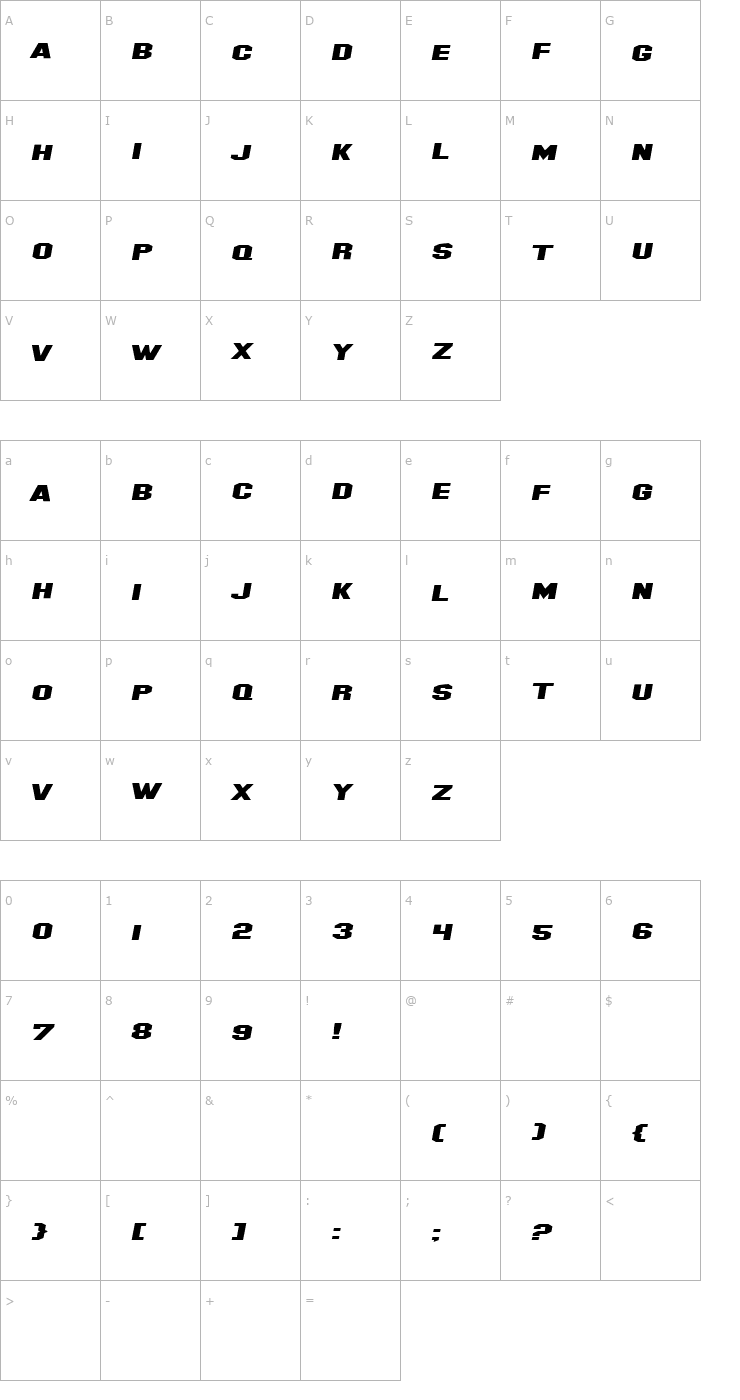 Character Map SF Hollywood Hills Extended Italic Font