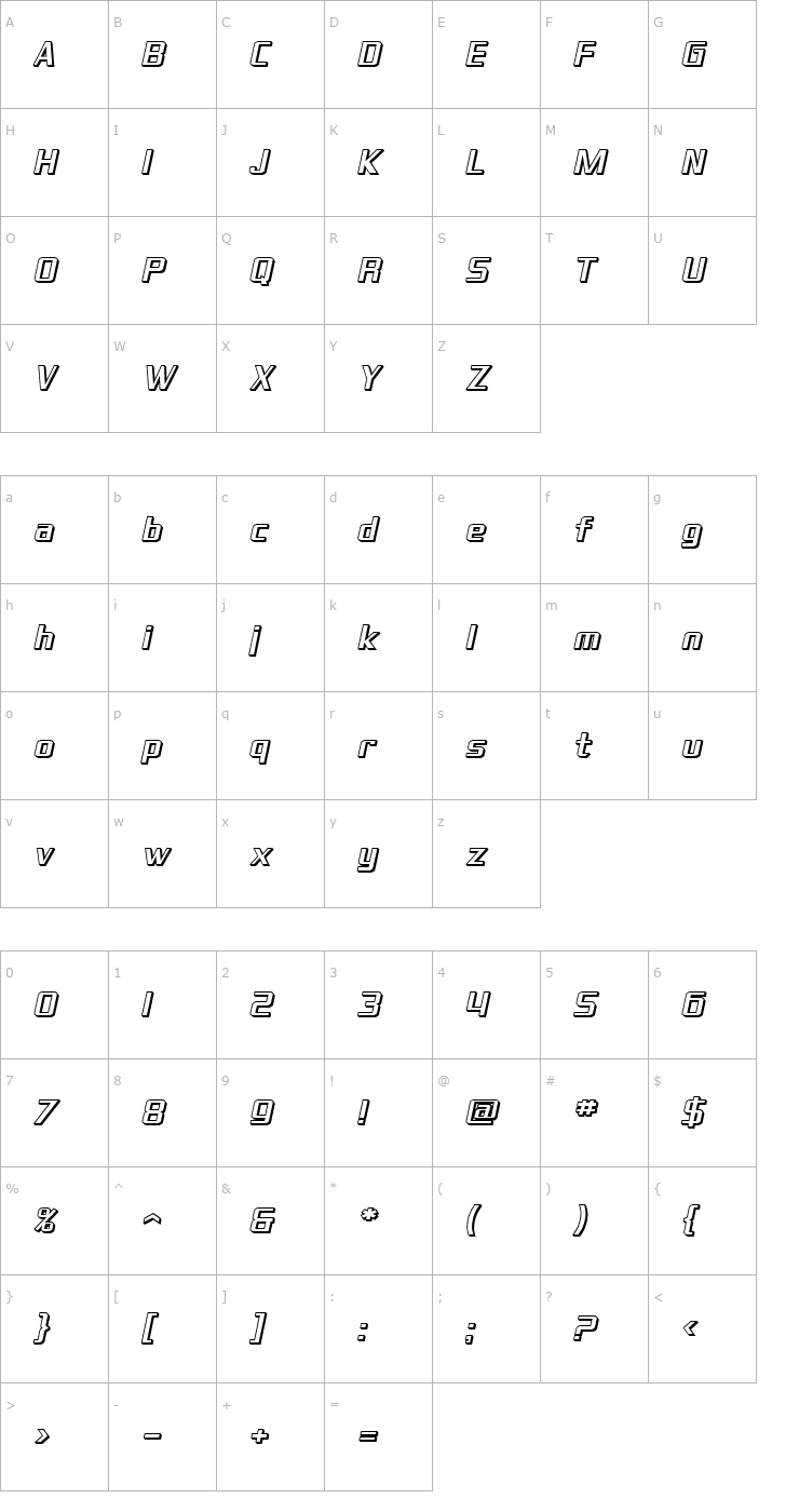 Character Map SF Theramin Gothic Shaded Oblique Font