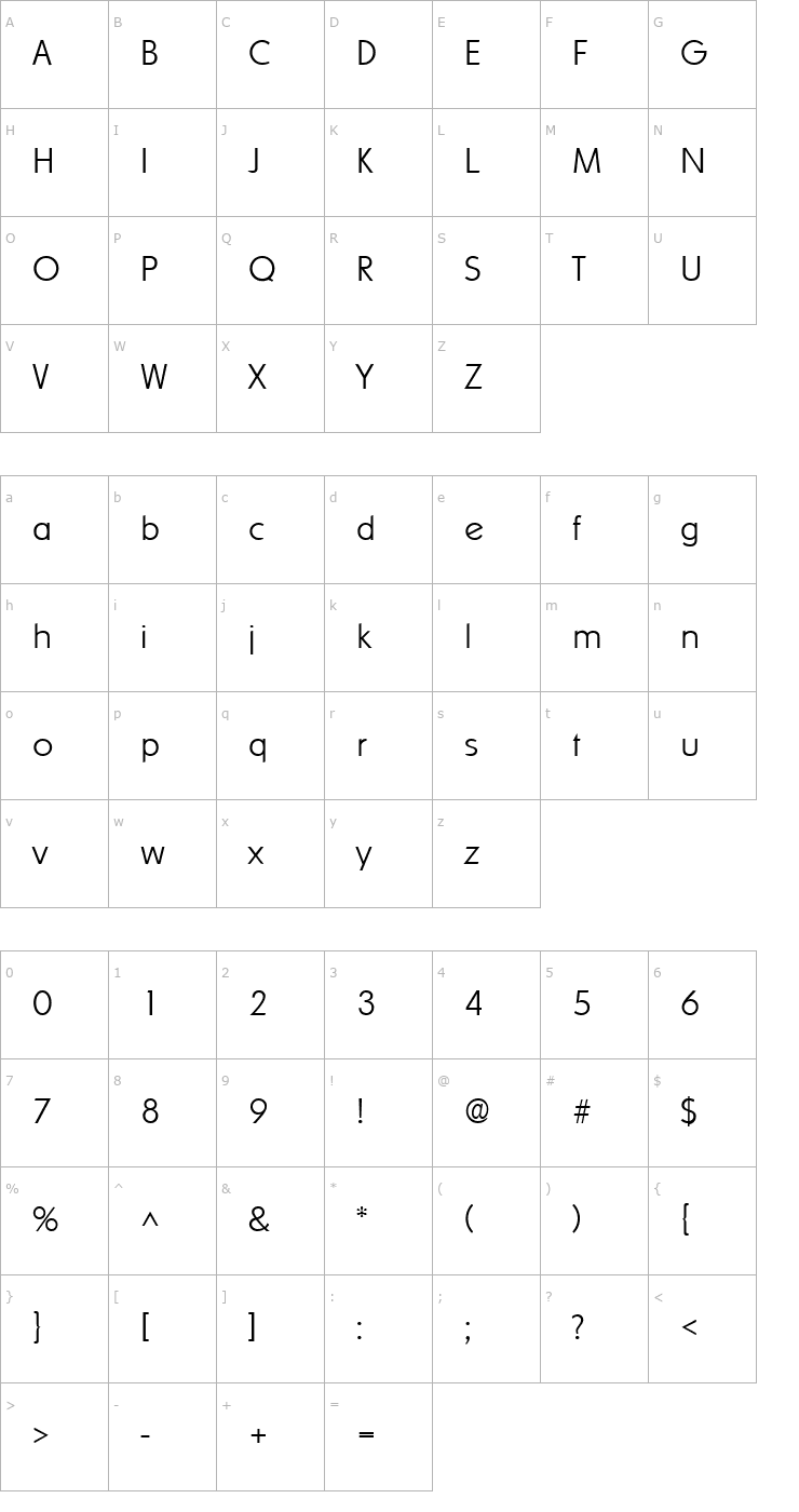 Character Map Sharnay Extralight Font