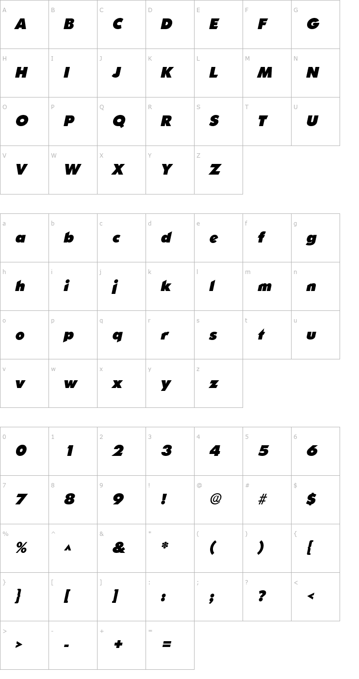 Character Map SharnayBlack Italic Font