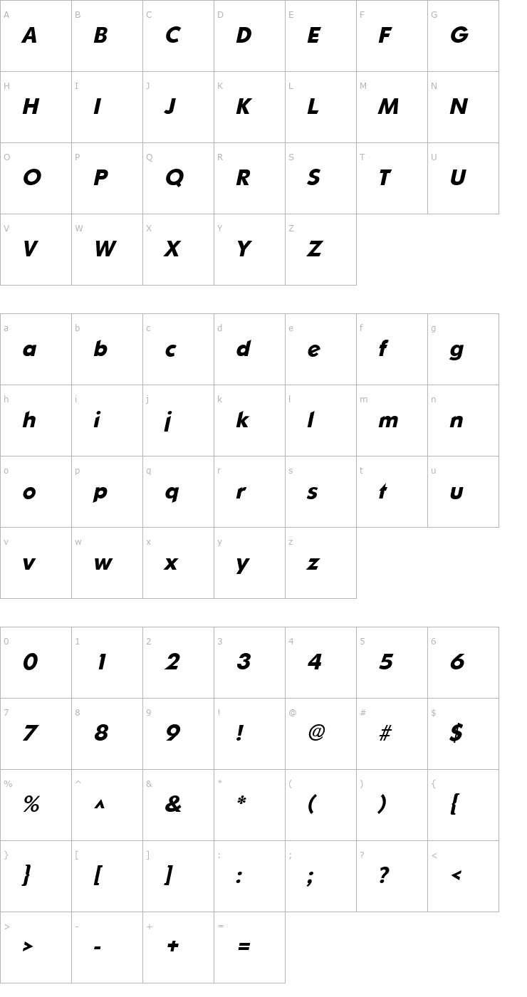 Character Map SharnayExtraBold Italic Font