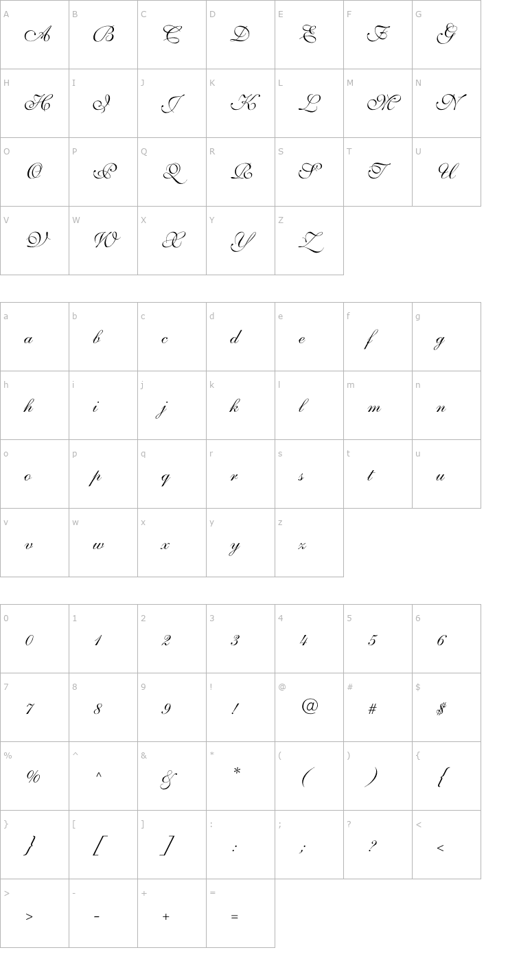 Character Map Shelley-VolanteScript Font