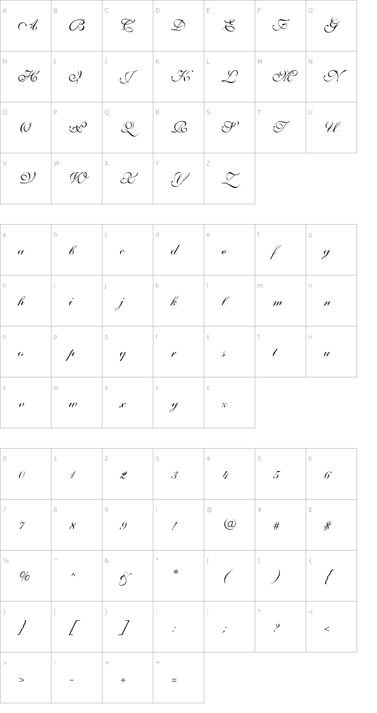 Character Map Shelley-VolanteScriptA Font