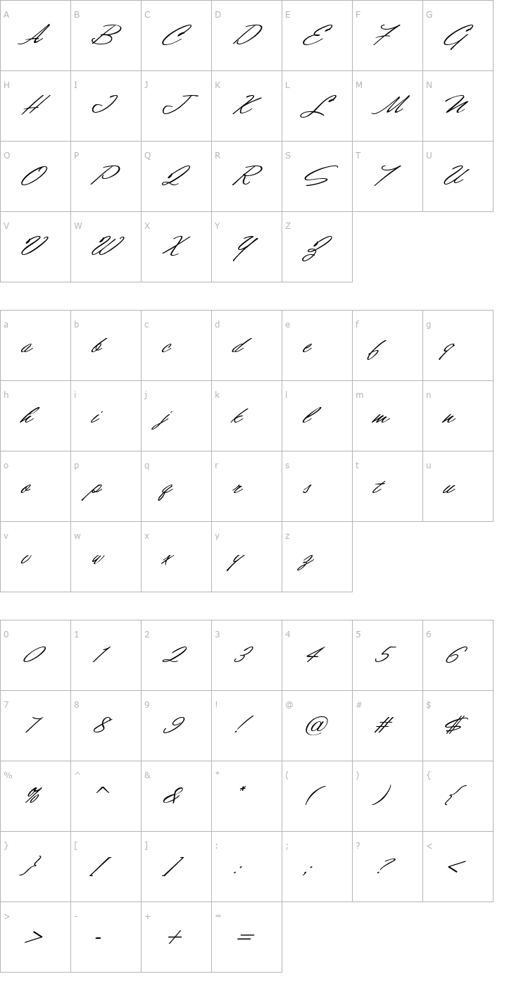 Character Map ShirleyScriptJF Font