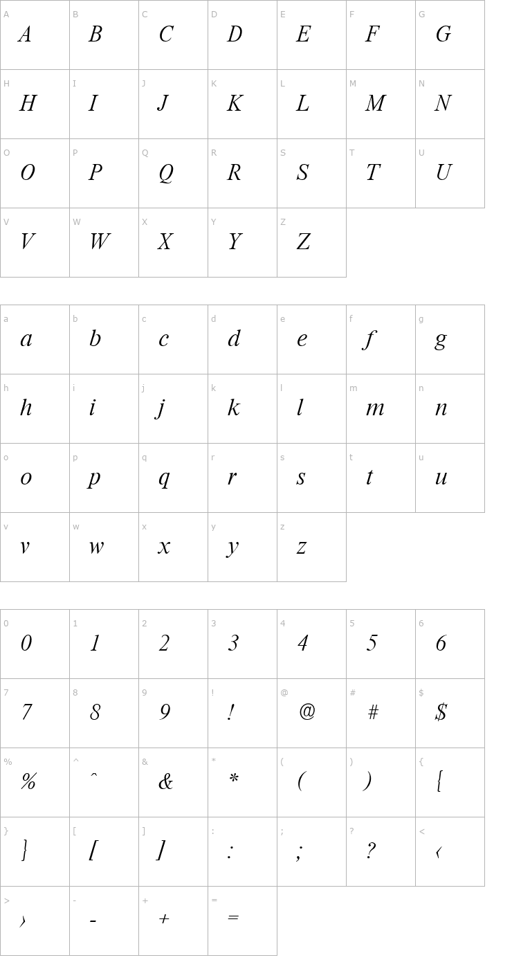 Character Map SimonBecker-ExtraLight Italic Font