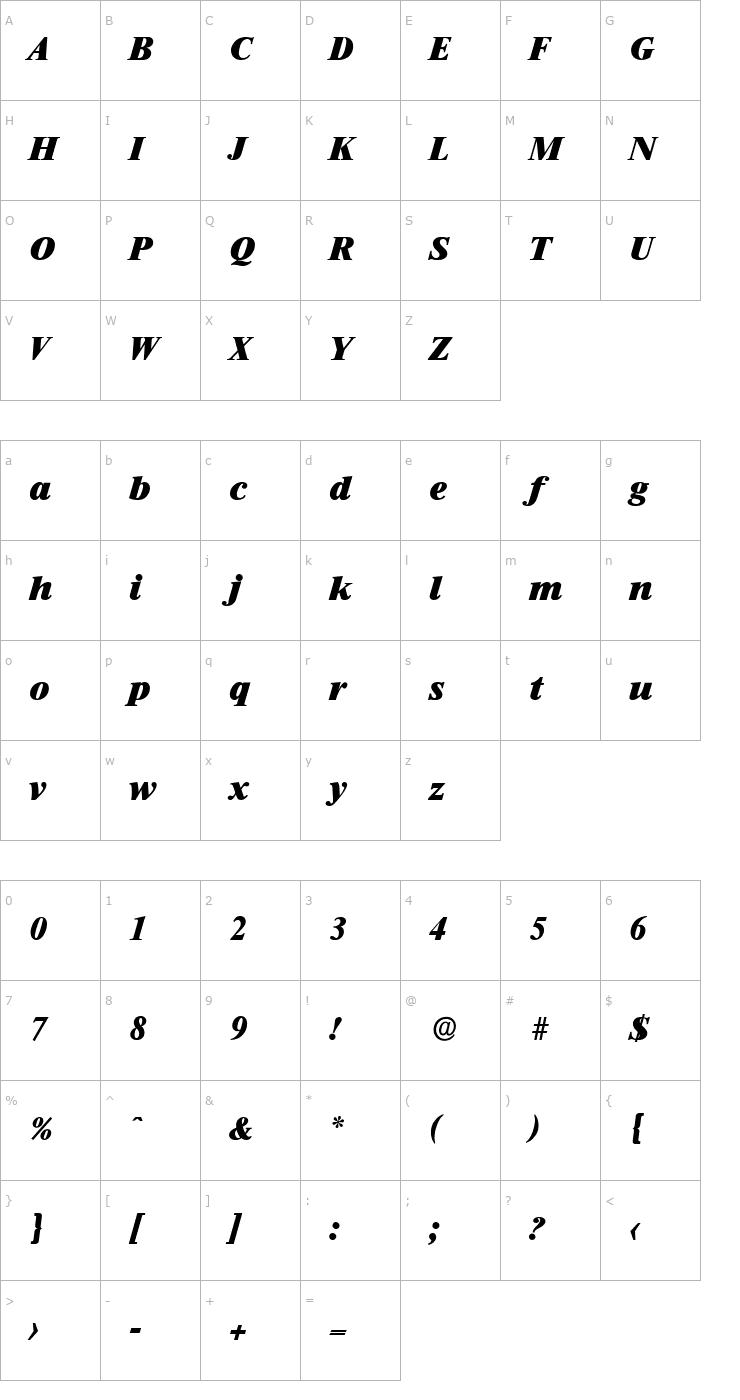 Character Map SimonBecker-Heavy Italic Font