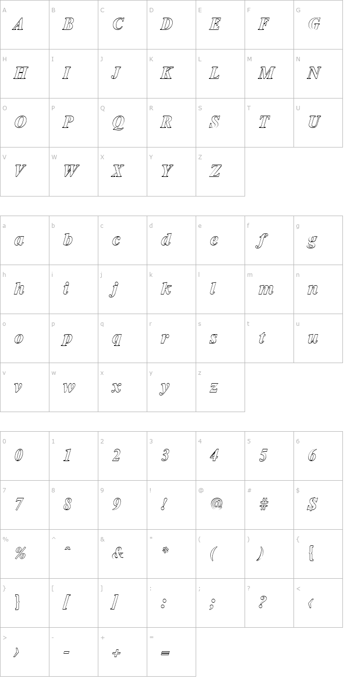 Character Map SimonBeckerOutline-BoldItalic Font