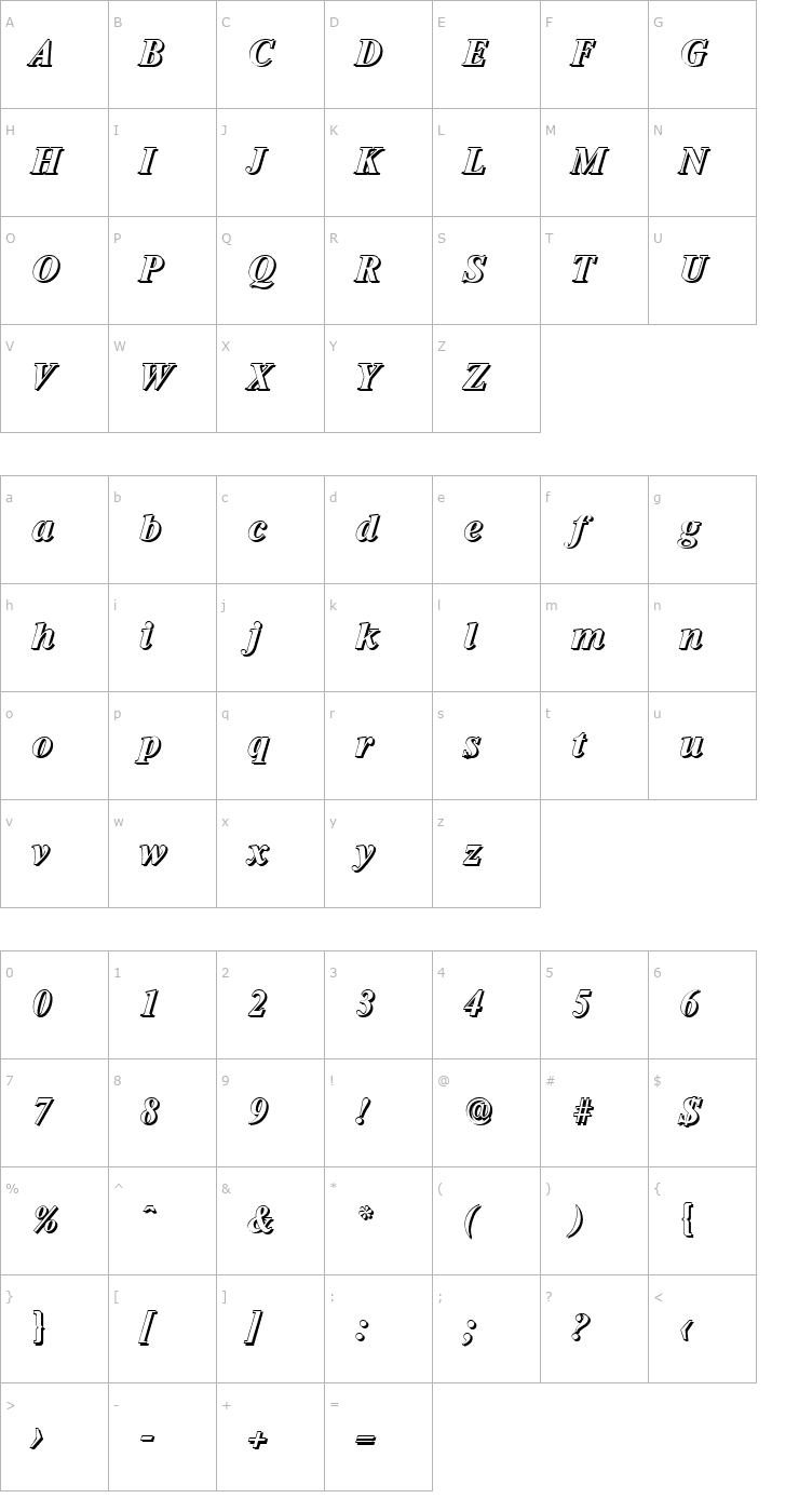 Character Map SimonBeckerShadow-BoldItalic Font