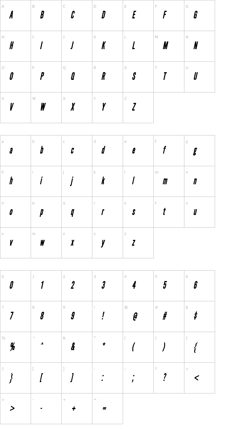 Character Map SimpleTypeCondensed BoldItalic Font