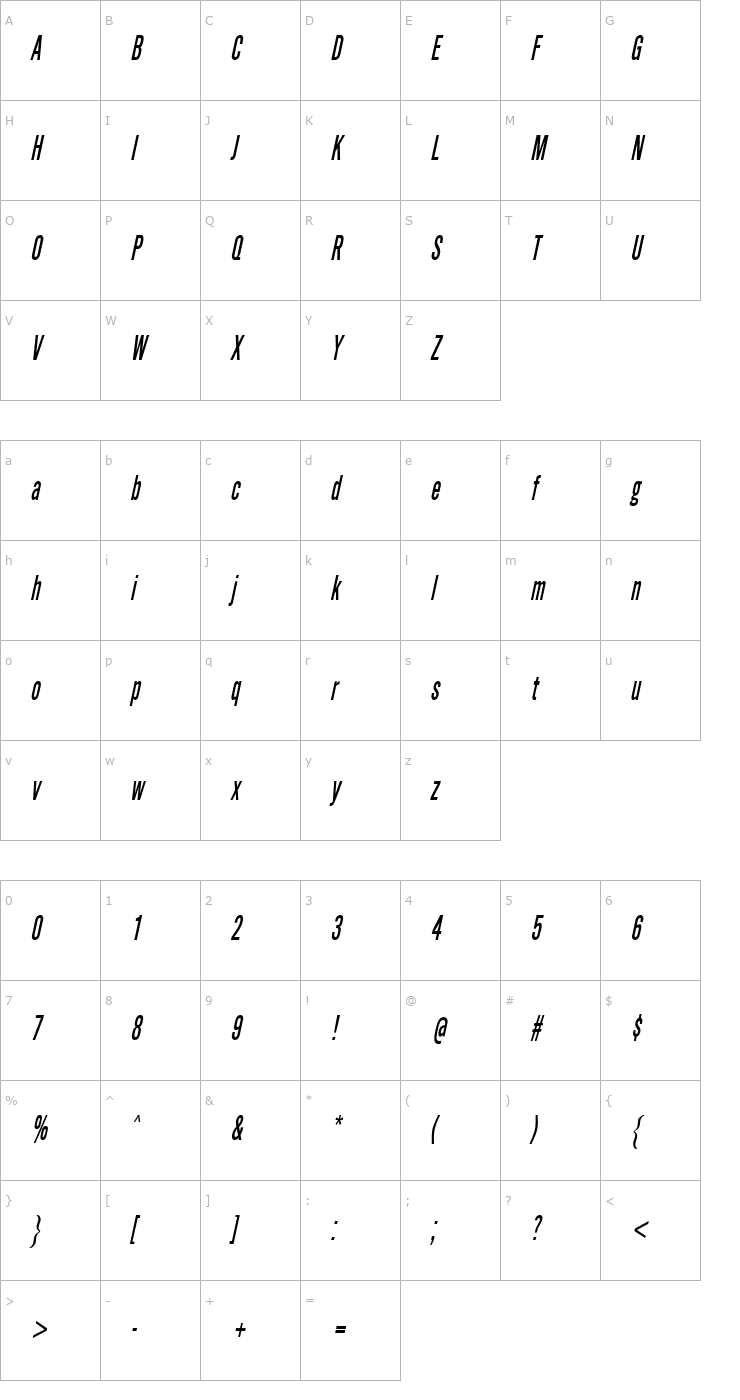 Character Map SimpleTypeCondensed Italic Font