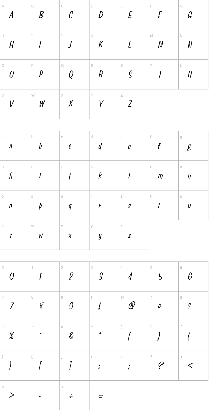 Character Map Simpson Condensed Italic Font