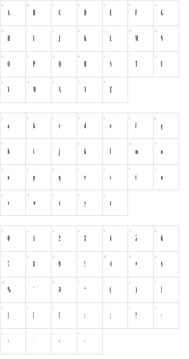 Character Map Sinema Display SSi Extra Condensed Font