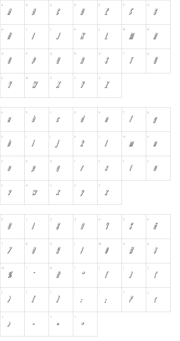 Character Map Sister Europe Shadow Italic Font