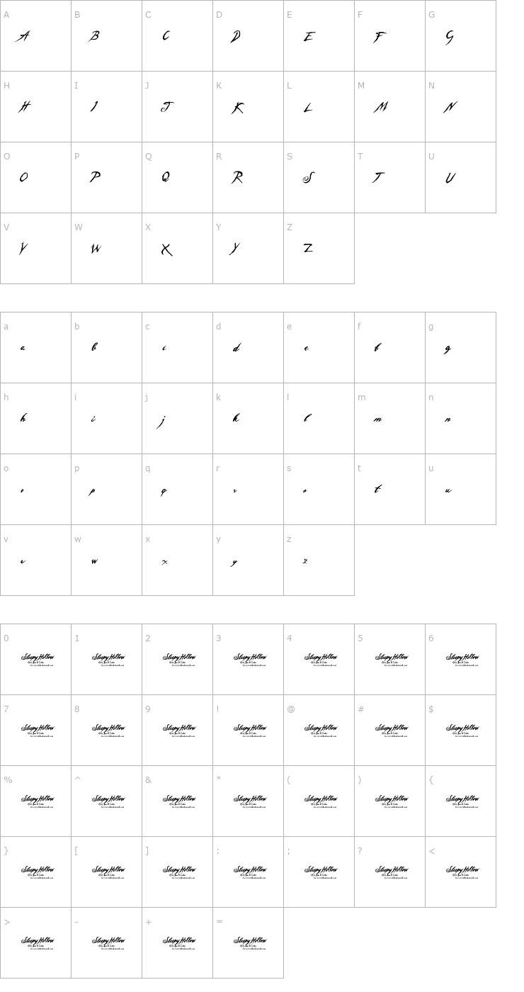 Character Map Sleepy Hollow 2.0 Font
