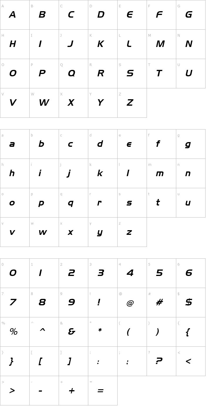 Character Map Slicker Italic Font