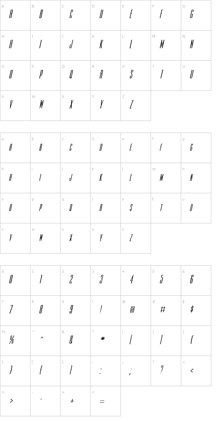 Character Map Slim-Jim-Extended Bold Italic Font