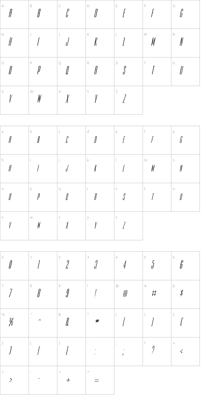 Character Map Slim-Jim-Extended Italic Font