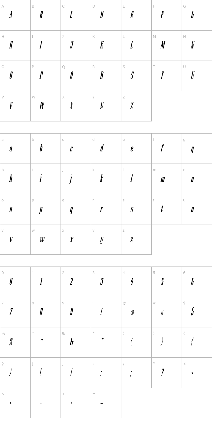 Character Map Slim Kim Bold Italic PDF Font