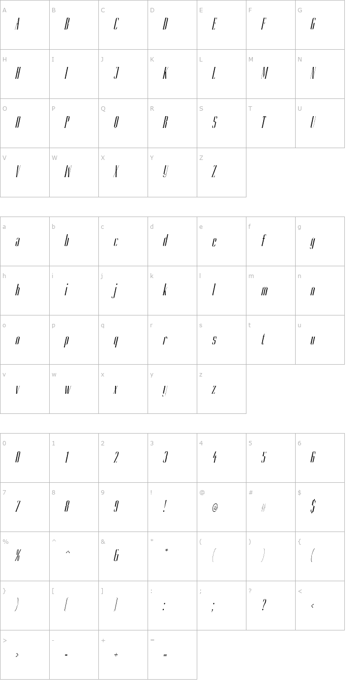 Character Map Slim Kim Light Italic PDF Font