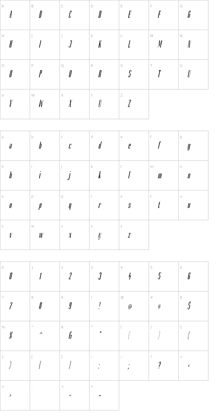 Character Map Slim Kim Plain Italic PDF Font