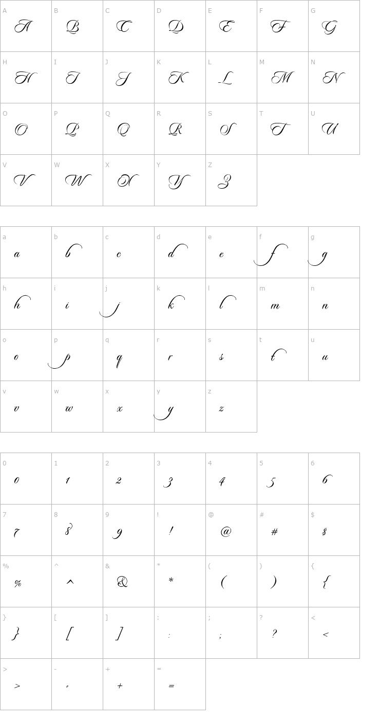 Character Map Sloop-ScriptThree (Less Slant) Font
