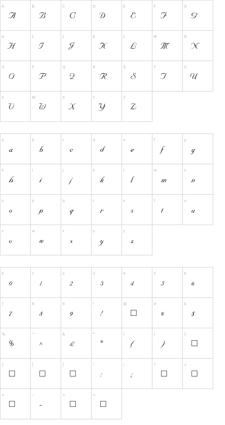 Character Map SNC Script Italic Font