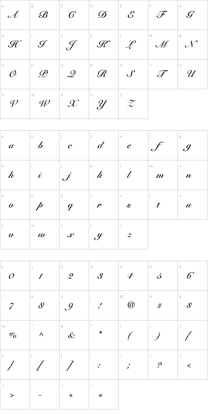 Character Map Snell Roundhand Bold Script Font