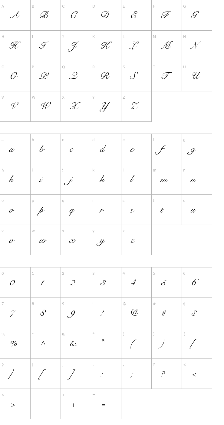Character Map Snell Roundhand Script Font