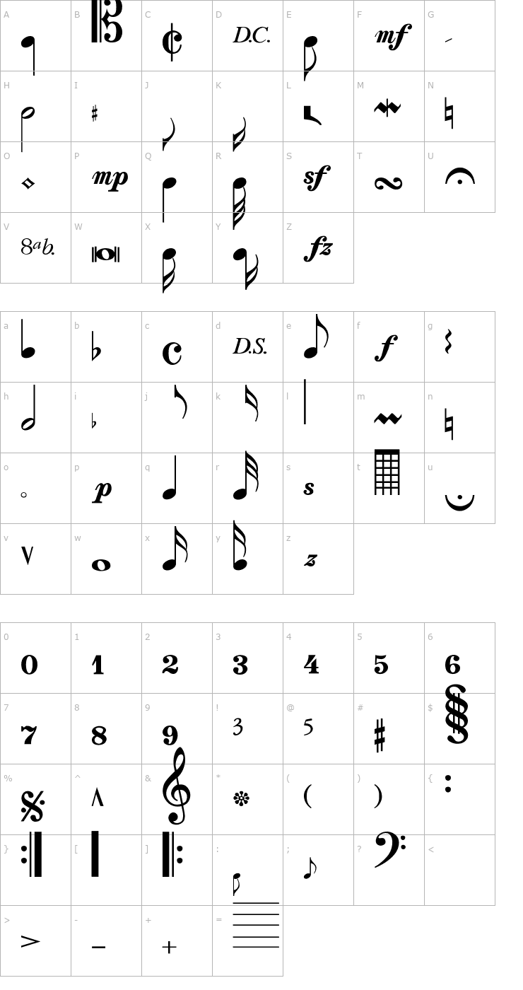 Character Map Sonata-Thin Font