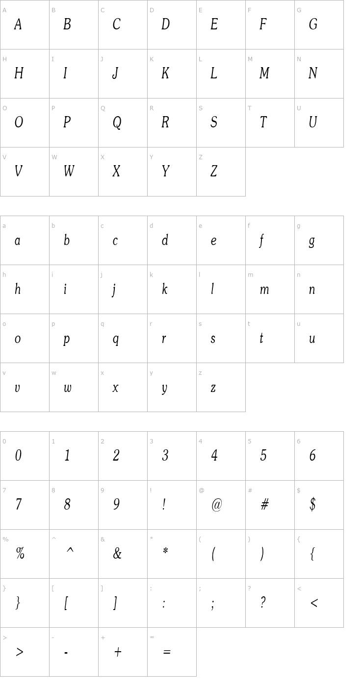 Character Map SouvienneCondensed Italic Font