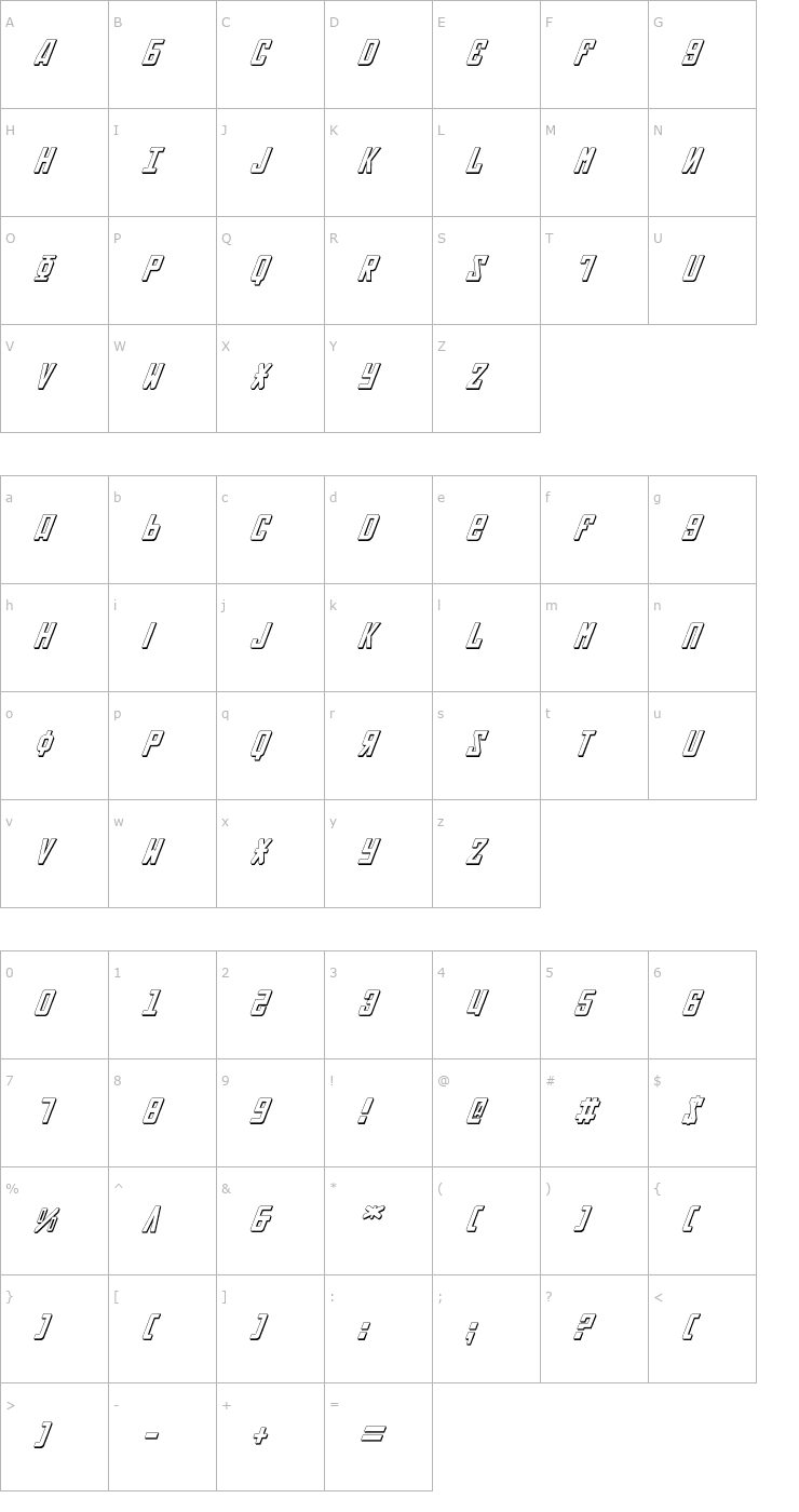 Character Map Soviet 3D Italic Font