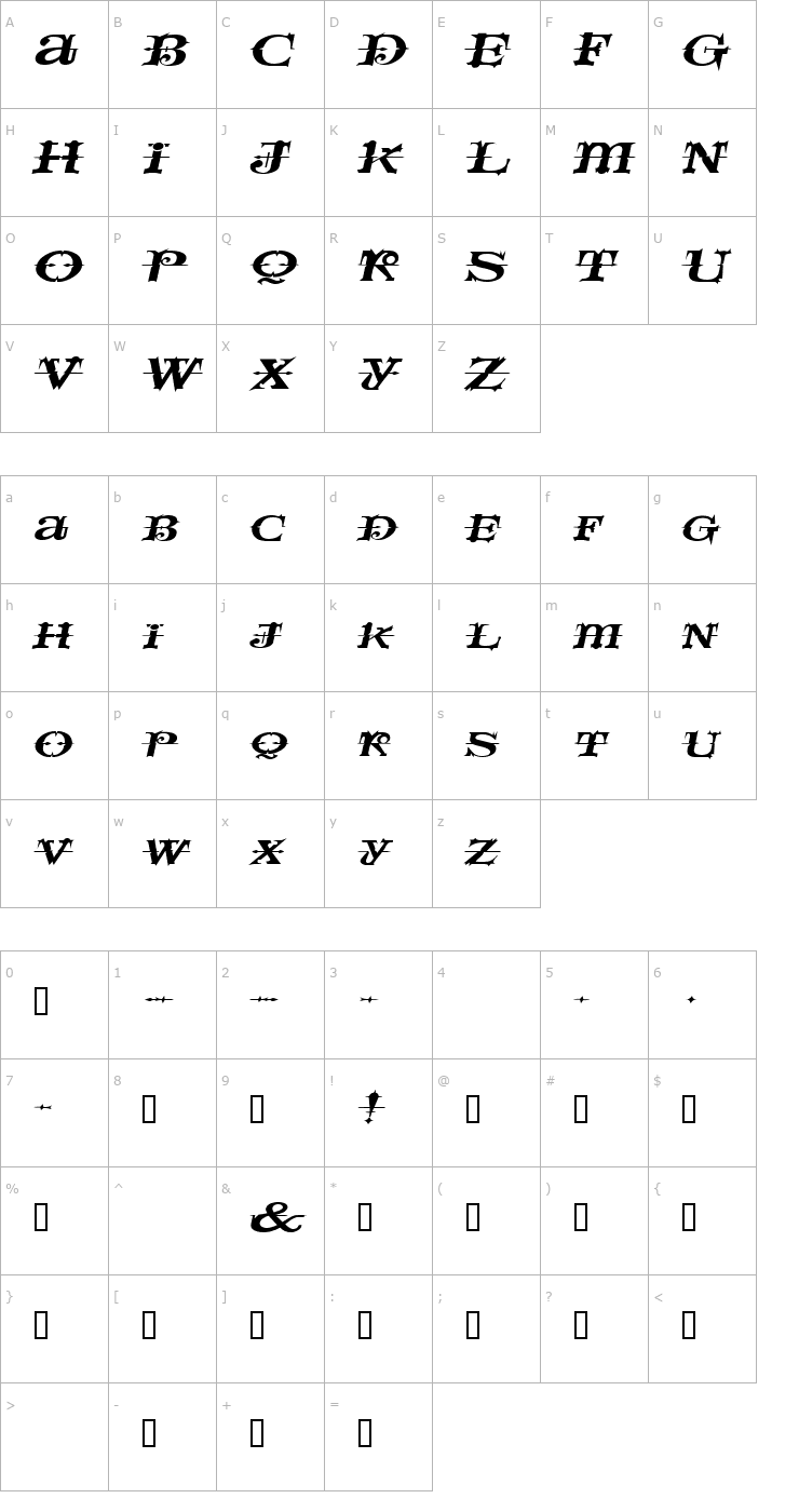 Character Map SpaceIveyExtended Italic Font