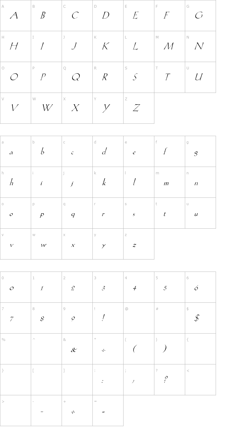 Character Map Spaden-Italic Font