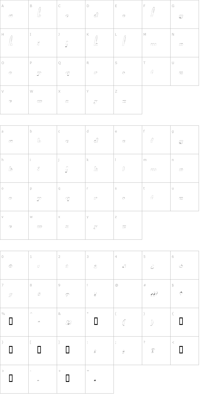 Character Map SplittingHaresOutline Oblique Font