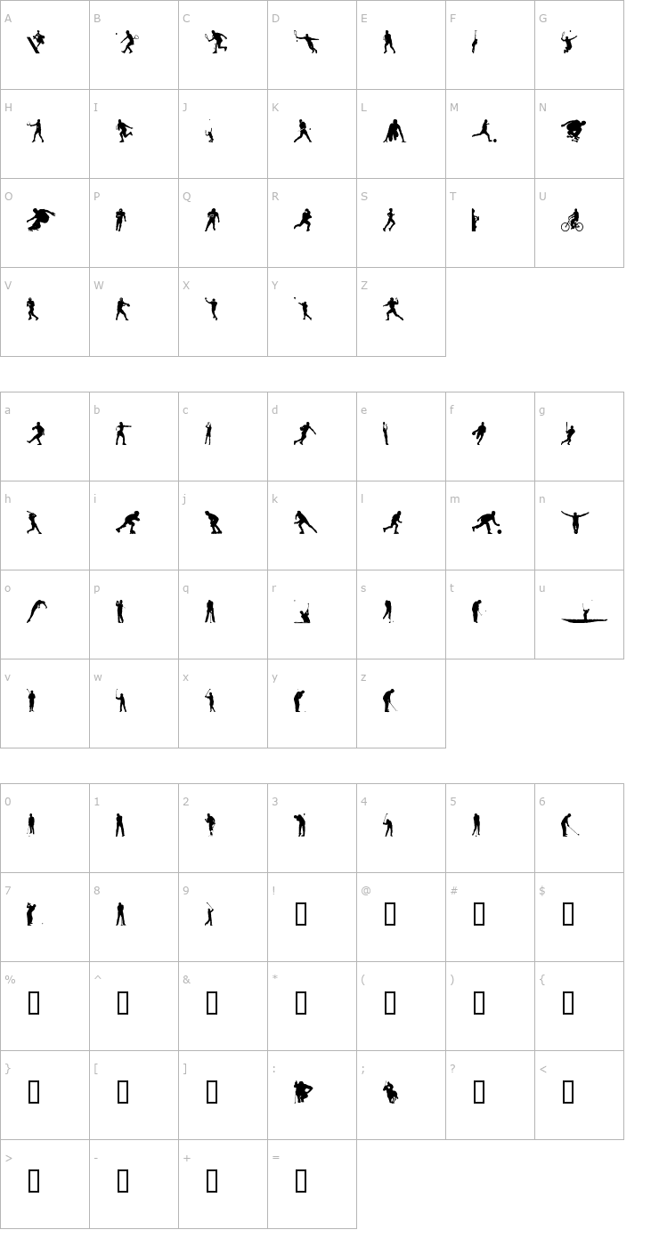 Character Map Sport Silhouettes Font