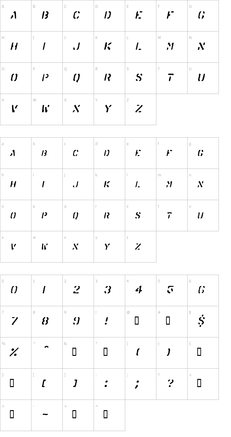 Character Map SprayStencil Oblique Font