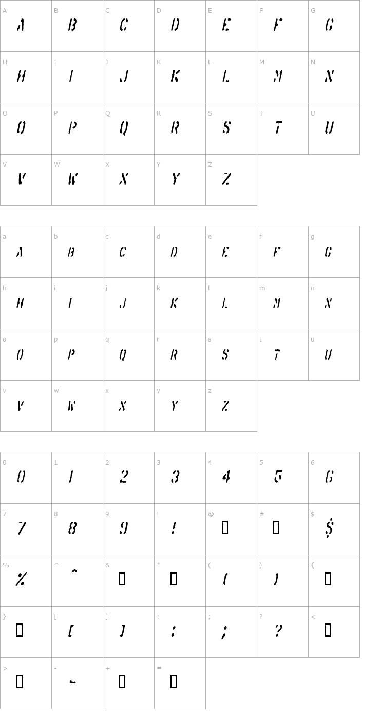Character Map SprayStencilCondensed Oblique Font