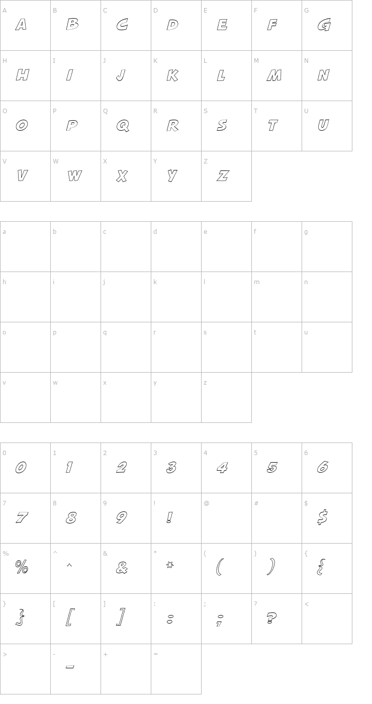 Character Map Squash MN Outline Font