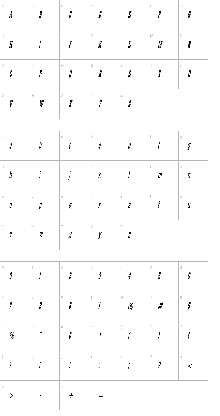 Character Map StagecoachCondensed Italic Font