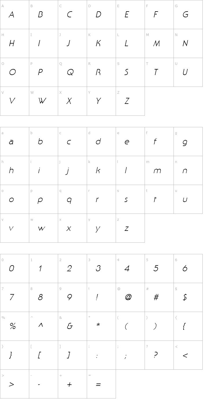 Character Map Staid Gothic Light Italic Font