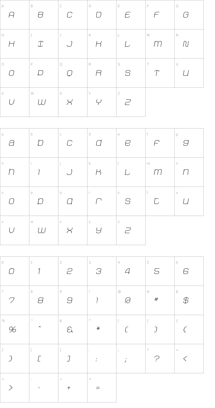 Character Map StakLight Oblique Font