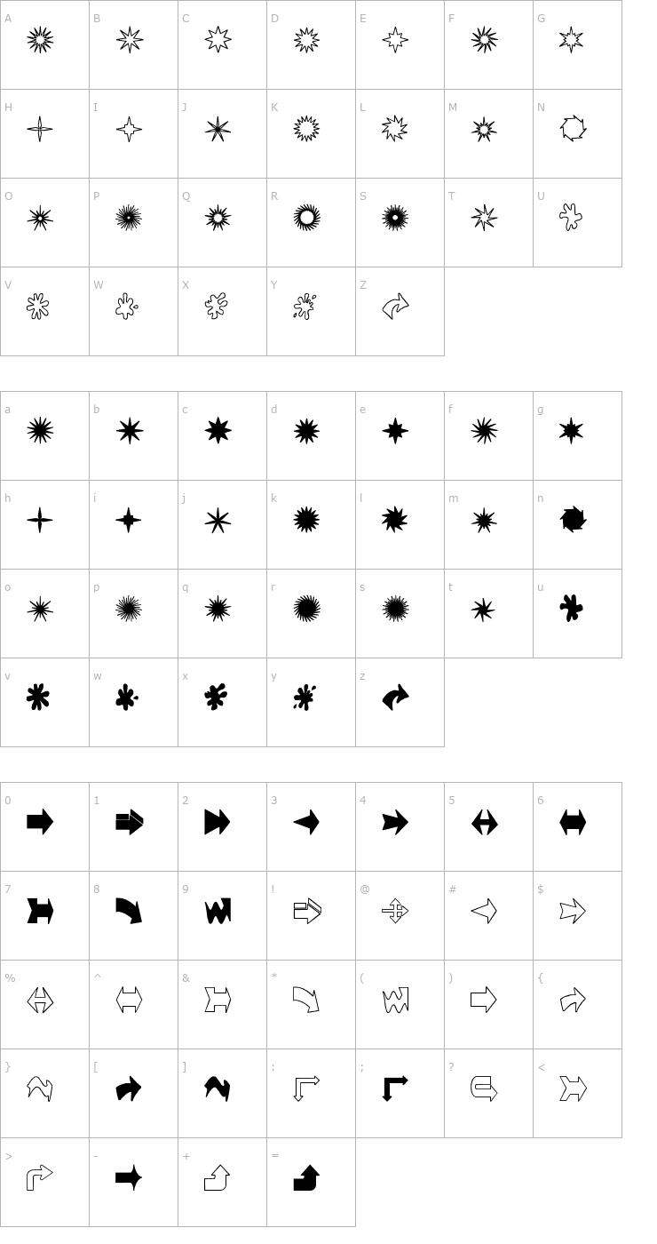 Character Map Stars splats & arrows Font