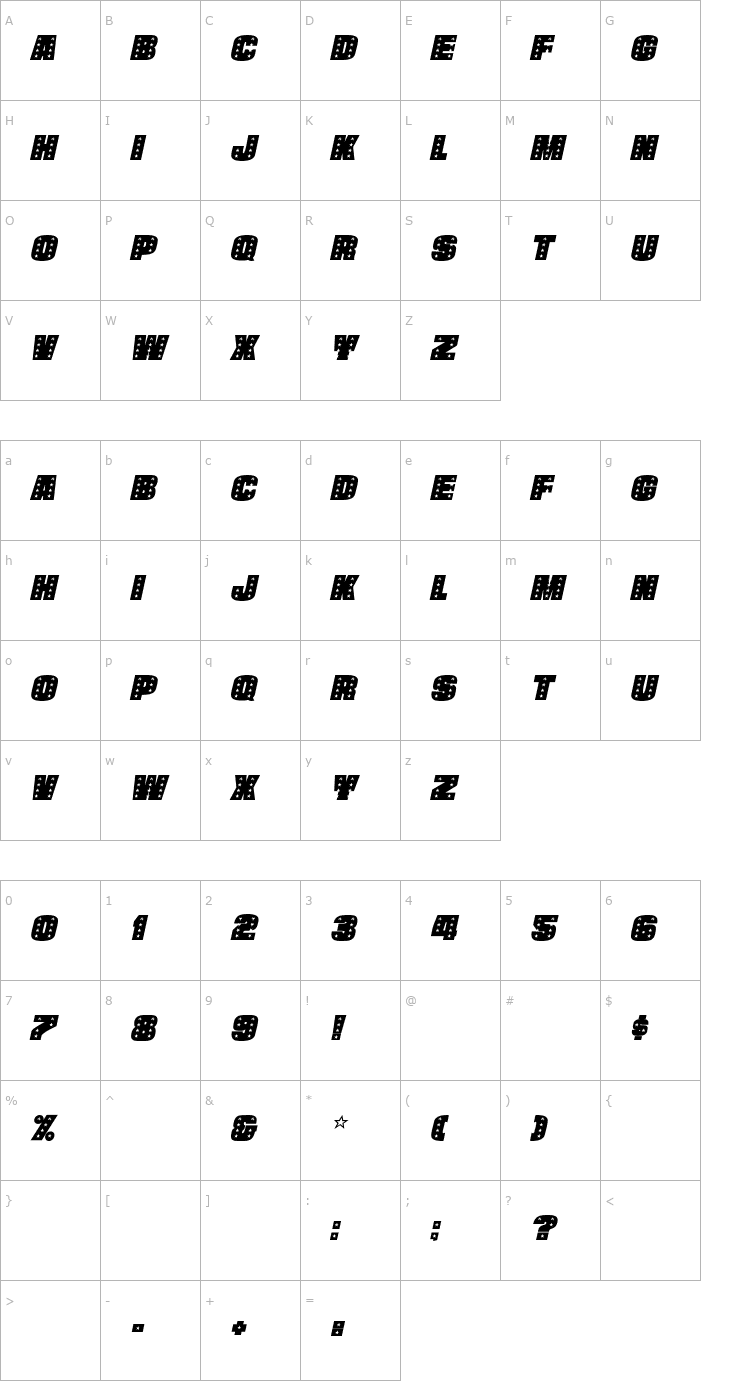 Character Map StarsCapsHeavy Italic Font