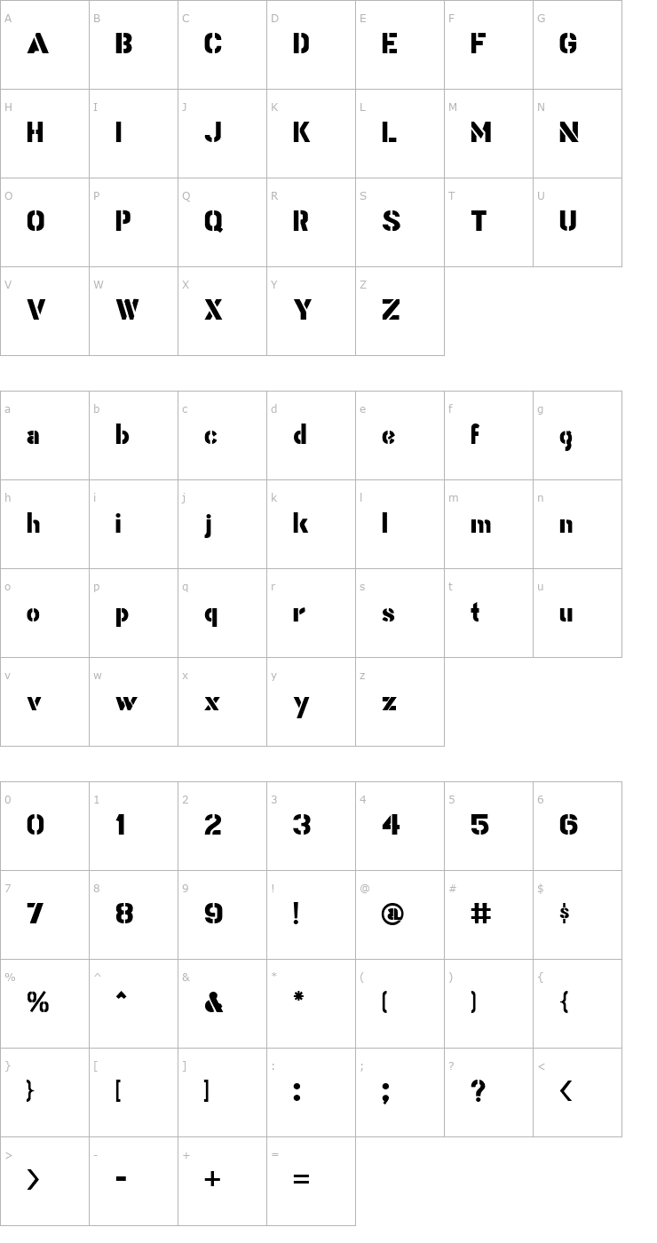 Character Map Stencil Gothic Bold JL Font