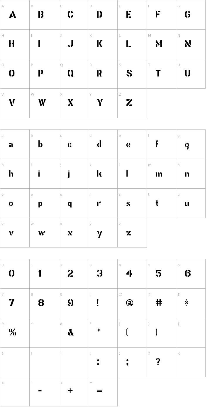 Character Map Stencil Gothic Font