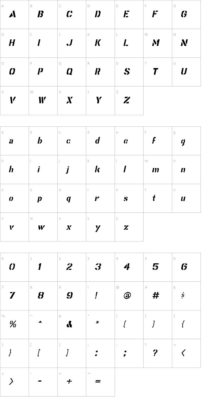 Character Map Stencil Gothic Italic JL Font