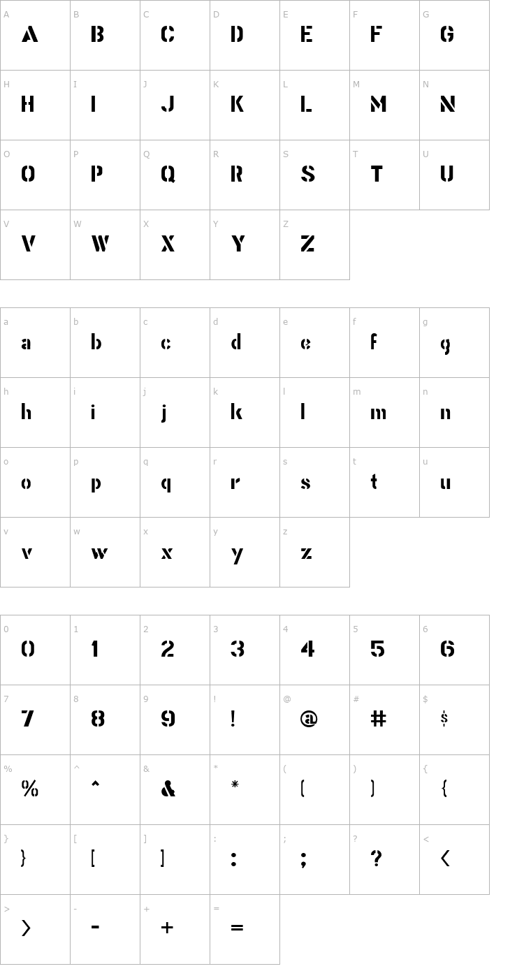 Character Map Stencil Gothic JL Font