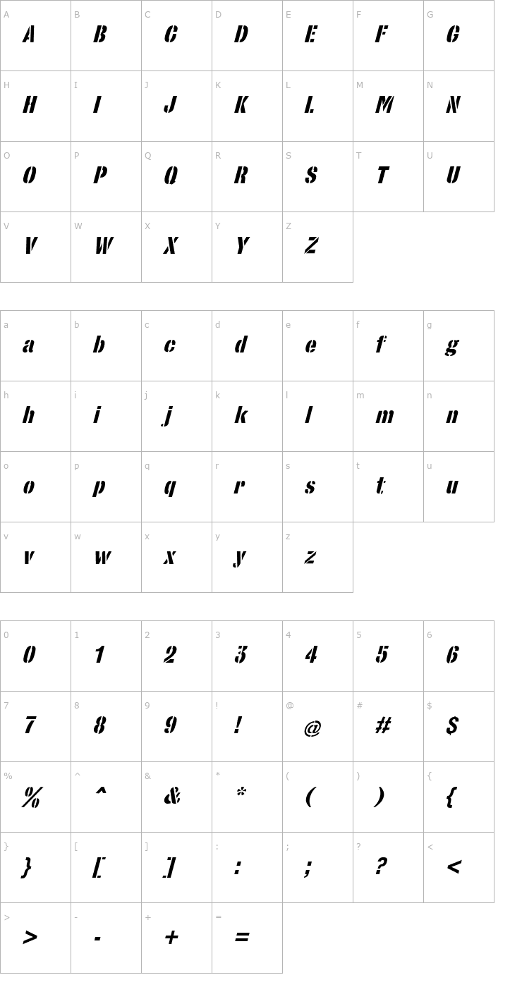 Character Map StencilSans Bold Italic Font