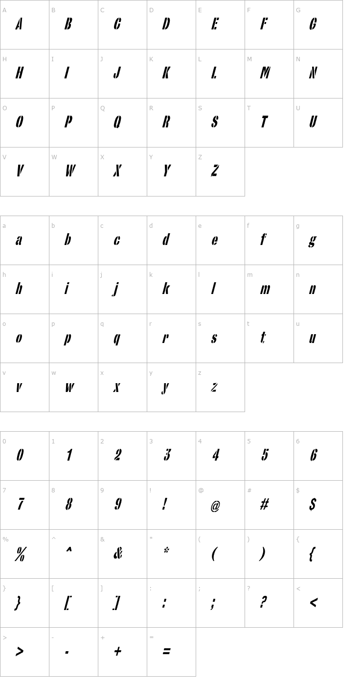 Character Map StencilSansCondensed Italic Font